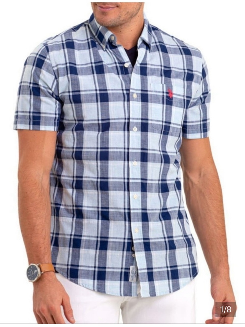 U.S. Polo Assn. Blue Plaid Short-Sleeve Button-Down Cotton Shirt. Size XL.